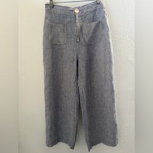 De Castro Blue White Striped 100% Linen Cropped Wide Leg Pants M